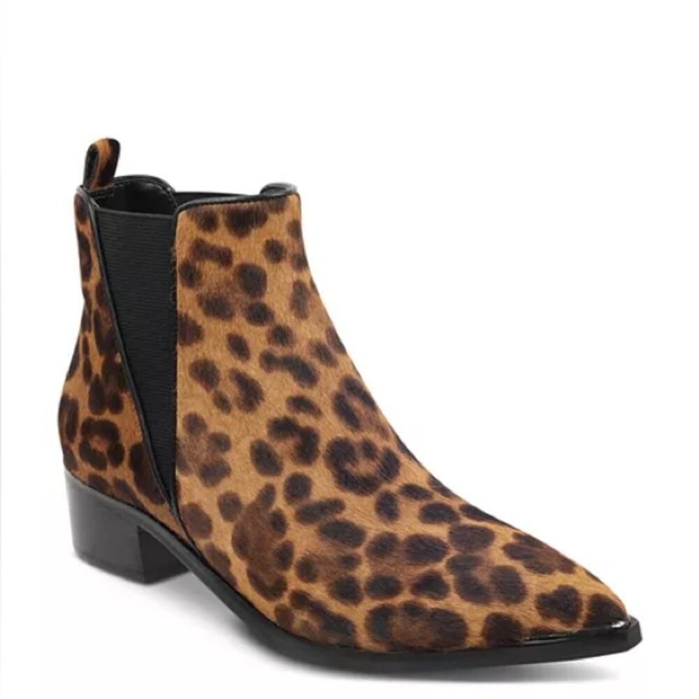 MARC FISHER LTD Yalely Leopard Print Pointy Toe Calf Hair Chelsea Bootie